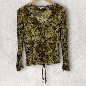 Araz Sheer Animal Print Ruffle V-Neck‎ Bell Flare Sleeves Size Medium Top Boho M